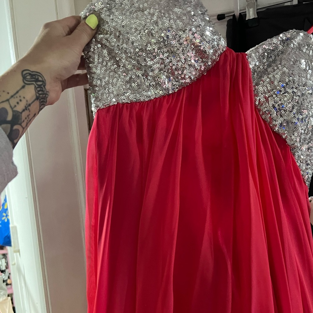 La Femme Red and Silver Embellished gown